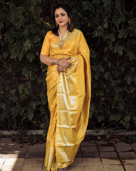Yellow Pure Silk Kanchi Gadwal Saree with Unstitched Matching Blouse - The Vivaah Edit Haldi Special