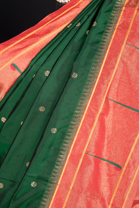 Bottle Green Single Muniya Handwoven Paithani Saree with Butta