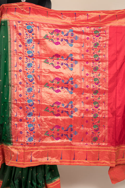 Bottle Green Single Muniya Handwoven Paithani Saree with Butta