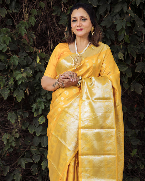 Yellow Pure Silk Kanchi Gadwal Saree with Unstitched Matching Blouse - The Vivaah Edit Haldi Special