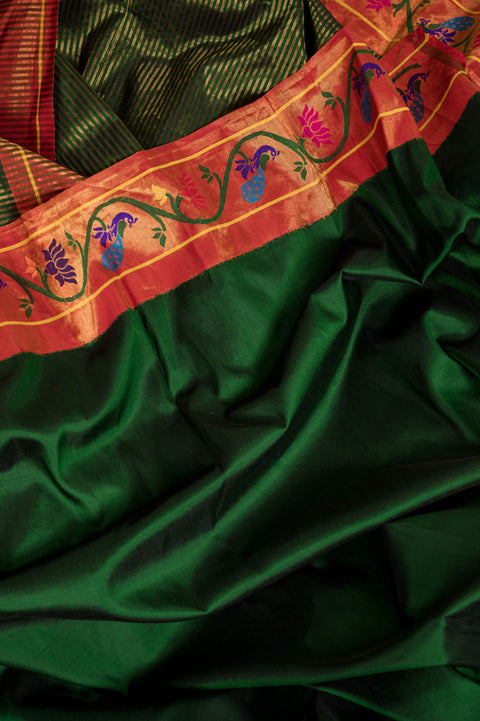 Bottle Green Pure Silk Handwoven Paithani Saree with Peacock Border