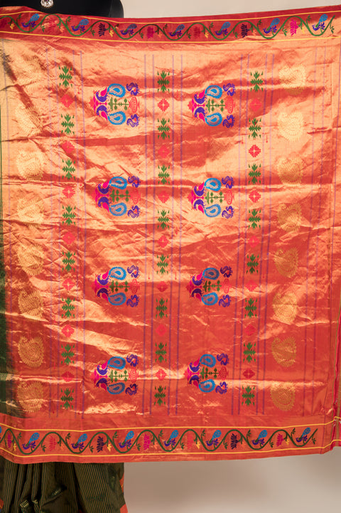 Bottle Green Pure Silk Handwoven Paithani Saree with Peacock Border