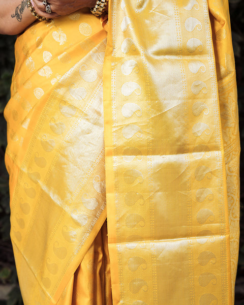 Yellow Pure Silk Kanchi Gadwal Saree with Unstitched Matching Blouse - The Vivaah Edit Haldi Special