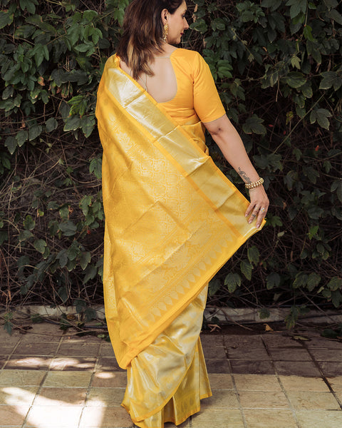 Yellow Pure Silk Kanchi Gadwal Saree with Unstitched Matching Blouse - The Vivaah Edit Haldi Special