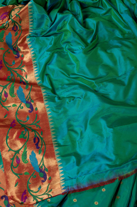 Pure Silk Shahi Paithani Saree in Rama Green Dual Shade with Zari Border