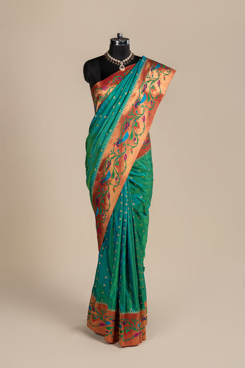 Pure Silk Shahi Paithani Saree in Rama Green Dual Shade with Zari Border