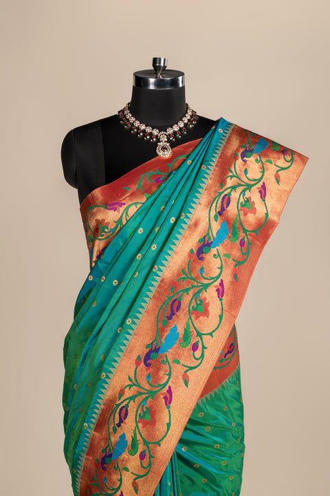 Pure Silk Shahi Paithani Saree in Rama Green Dual Shade with Zari Border