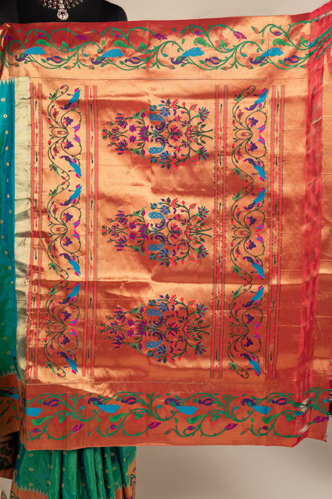 Pure Silk Shahi Paithani Saree in Rama Green Dual Shade with Zari Border