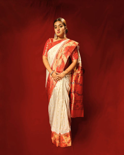 Snow White Pure Silk Munia Paithani Saree