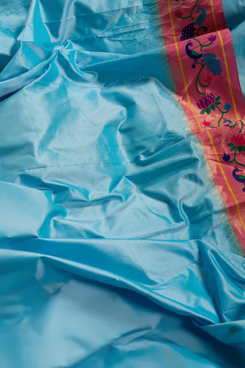 Sky Blue Pure Silk Handwoven Paithani Saree with Lotus Peacock Border