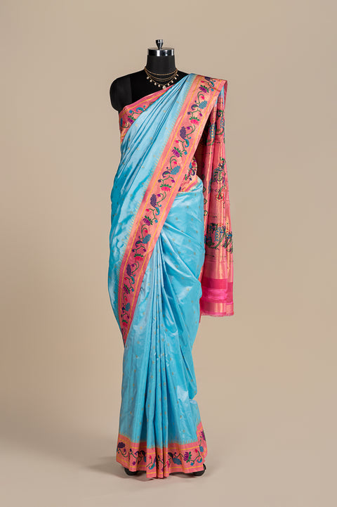 Sky Blue Pure Silk Handwoven Paithani Saree with Lotus Peacock Border