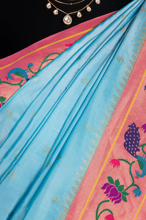 Sky Blue Pure Silk Handwoven Paithani Saree with Lotus Peacock Border