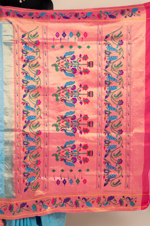 Sky Blue Pure Silk Handwoven Paithani Saree with Lotus Peacock Border