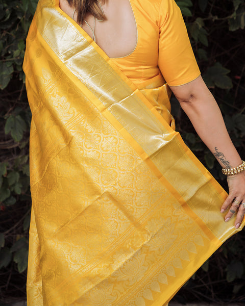 Yellow Pure Silk Kanchi Gadwal Saree with Unstitched Matching Blouse - The Vivaah Edit Haldi Special