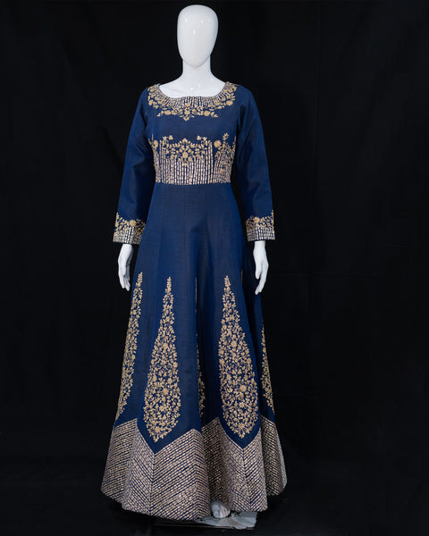 Royal blue bridal gown with zardosi work