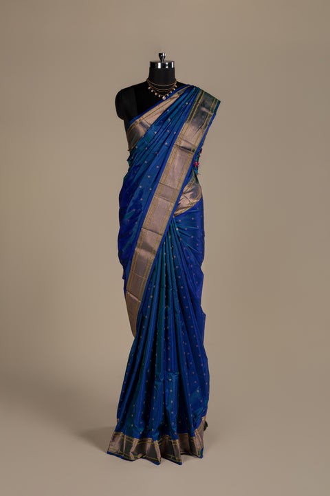 Pure Silk Peacock Blue Morkanthi Paithani Saree with Tilgul Butta