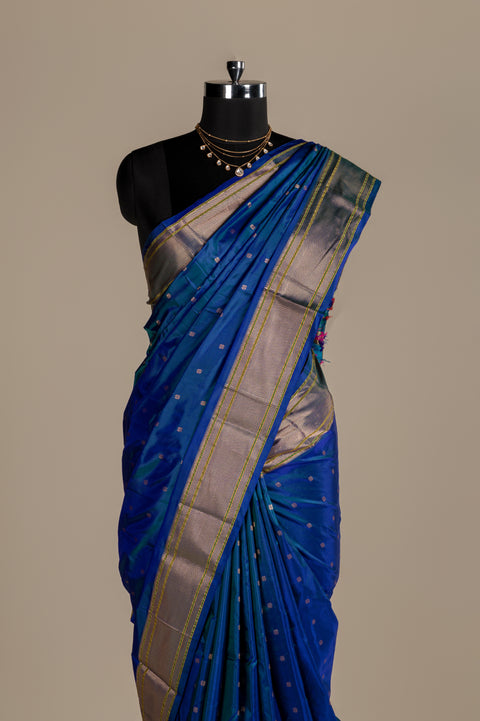 Pure Silk Peacock Blue Morkanthi Paithani Saree with Tilgul Butta