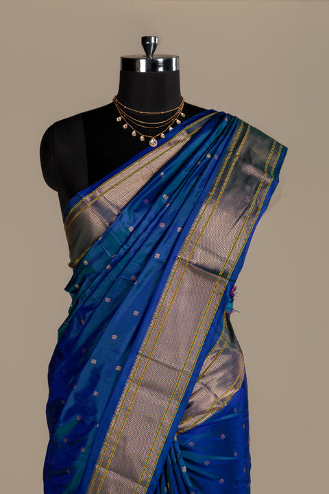 Pure Silk Peacock Blue Morkanthi Paithani Saree with Tilgul Butta