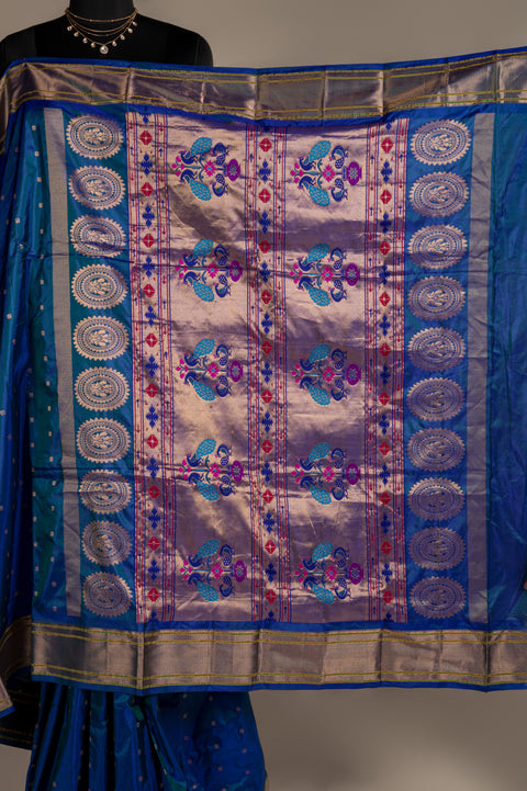 Pure Silk Peacock Blue Morkanthi Paithani Saree with Tilgul Butta