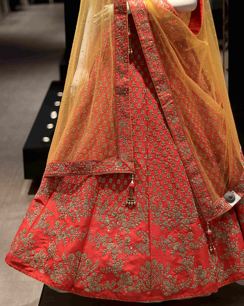 Vibrant Red Raw Silk Bridal Lehenga