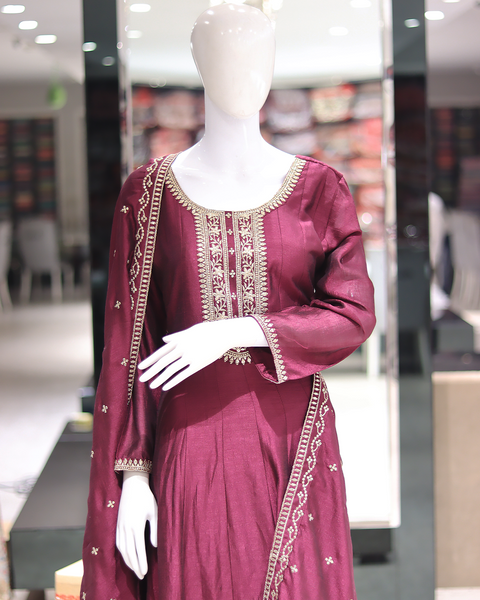 Plum Colour Anarkali Raw Silk Suit