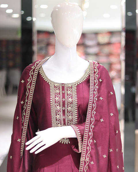 Plum Colour Anarkali Raw Silk Suit
