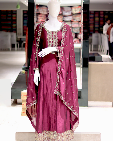 Plum Colour Anarkali Raw Silk Suit
