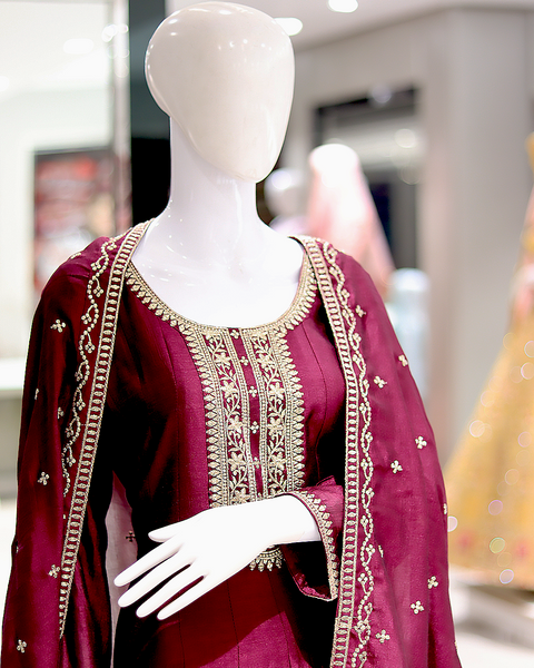 Plum Colour Anarkali Raw Silk Suit