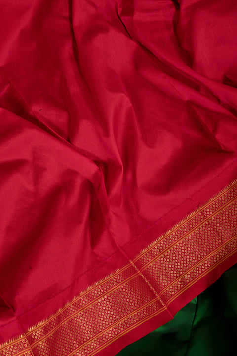 Bottle Green Pure Silk Handwoven Paithani Saree with Red Border