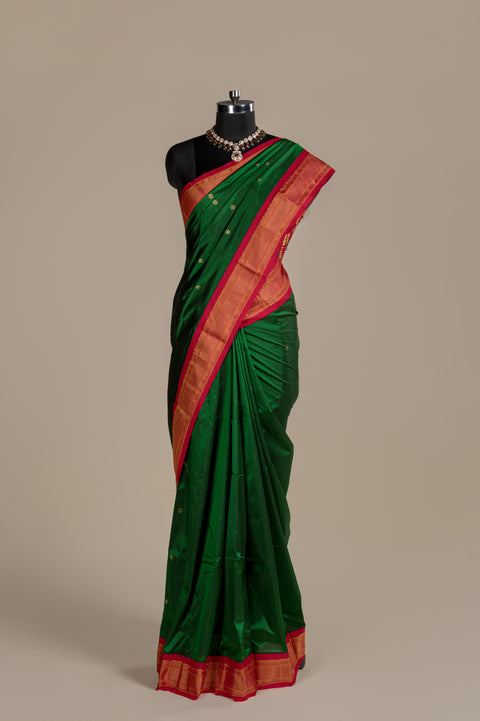 Bottle Green Pure Silk Handwoven Paithani Saree with Red Border