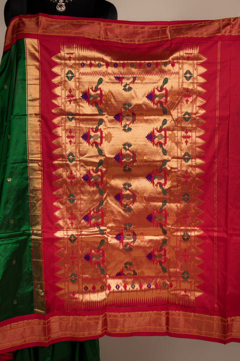 Bottle Green Pure Silk Handwoven Paithani Saree with Red Border