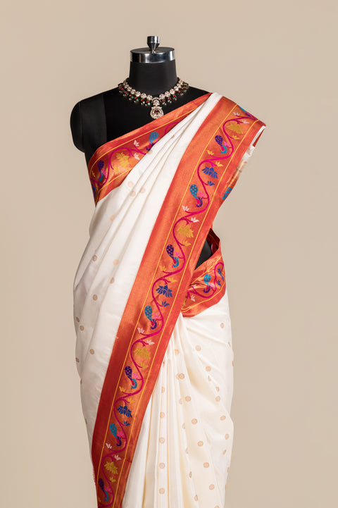 White Pure Silk Paithani Saree with Rudraksh Butta Peacock Border