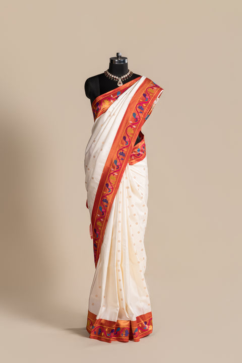 White Pure Silk Paithani Saree with Rudraksh Butta Peacock Border