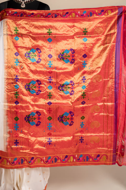 White Pure Silk Paithani Saree with Rudraksh Butta Peacock Border