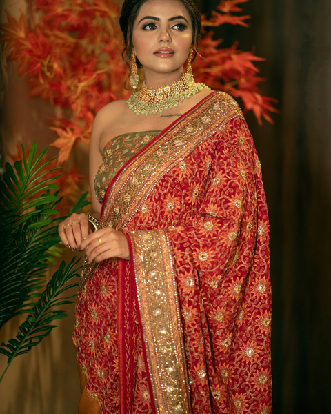 Red Bridal Saree in Crepe Fabric with Mustard Accents and Heavy Thread Work