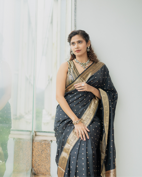 Black Banarasi Pure Silk Saree with Silver Zari Work Featuring Beautiful Yogita Chavan
