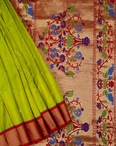Parrot Green Semi Silk Paithani Saree with Red Zari Border and Pallu