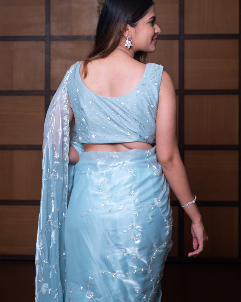 Sky Blue Glass Tissue Organza Designer Saree with Cut Dana Work - The Vivaah Edit Cocktail Special