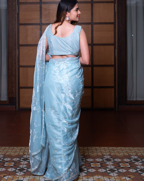 Sky Blue Glass Tissue Organza Designer Saree with Cut Dana Work - The Vivaah Edit Cocktail Special