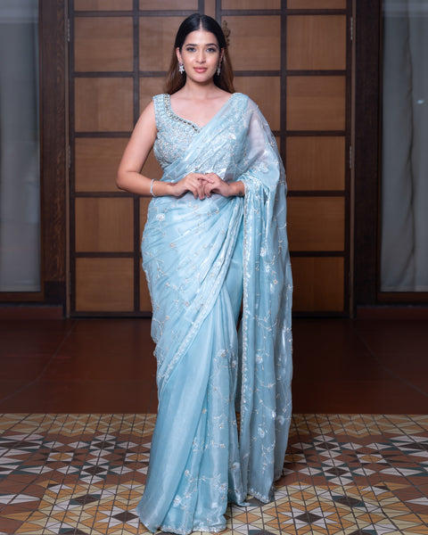 Sky Blue Glass Tissue Organza Designer Saree with Cut Dana Work - The Vivaah Edit Cocktail Special
