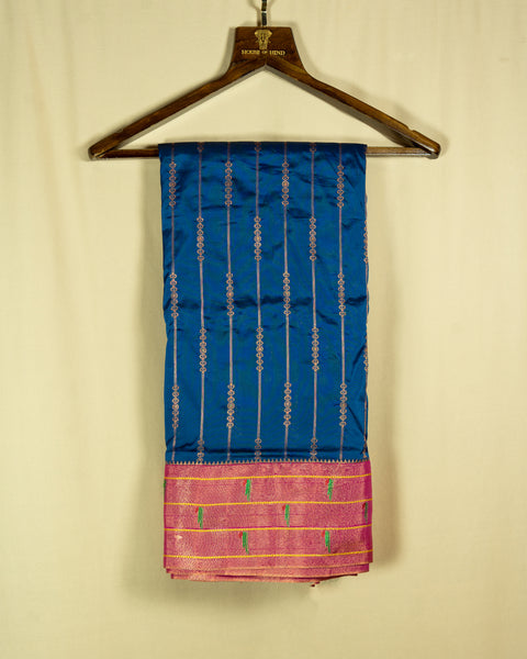 Royal Blue Stripes Semi Silk Paithani Saree with Rani Pink Zari Border