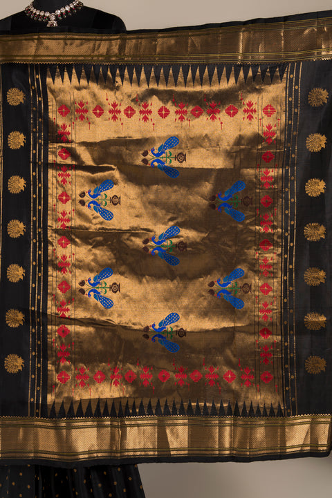 Pure Silk Black Kalanjali Handwoven Paithani Saree with Tilgul Butta