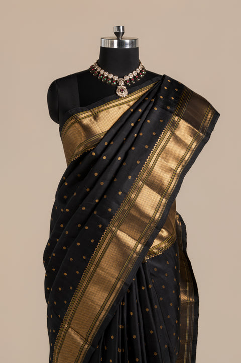 Pure Silk Black Kalanjali Handwoven Paithani Saree with Tilgul Butta