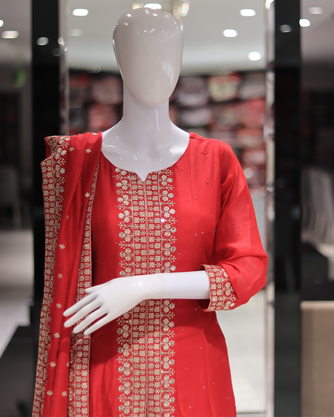 Red Anarkali Style Raw Silk Suit  for Wedding Parties