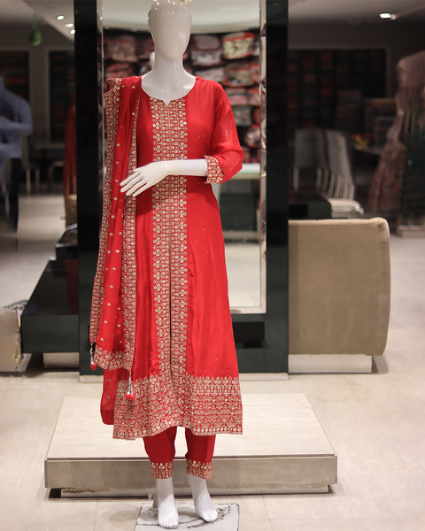 Red Anarkali Style Raw Silk Suit  for Wedding Parties