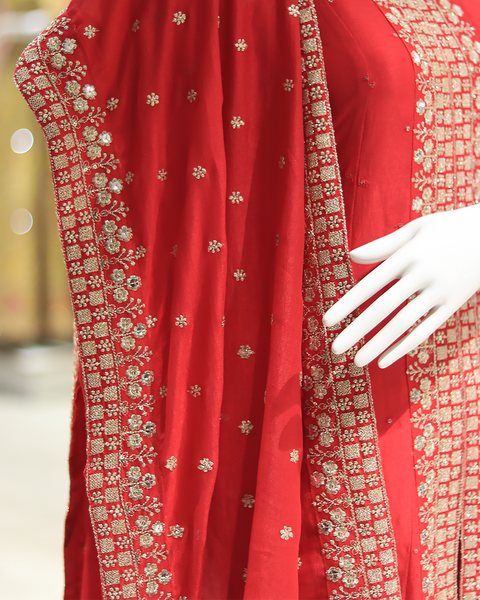 Red Anarkali Style Raw Silk Suit  for Wedding Parties