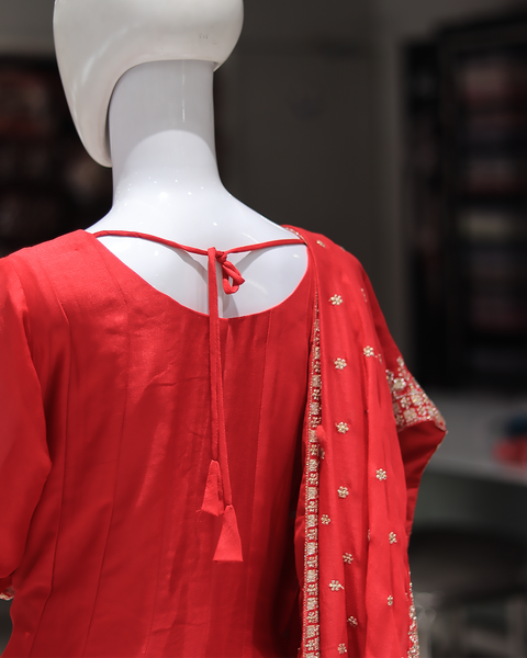 Red Anarkali Style Raw Silk Suit  for Wedding Parties