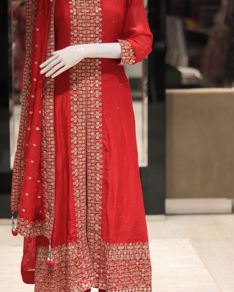 Red Anarkali Style Raw Silk Suit  for Wedding Parties