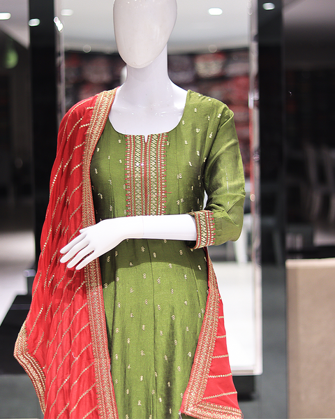 Forest Green Straight Fit Raw Silk Suit With Red Dupatta