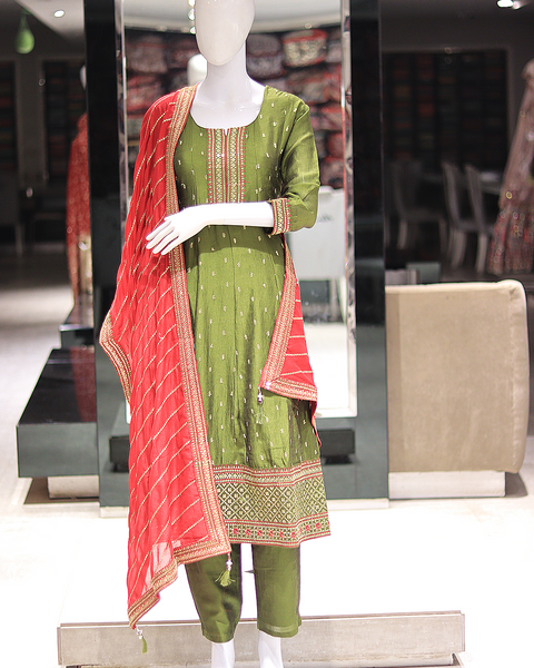 Forest Green Straight Fit Raw Silk Suit With Red Dupatta
